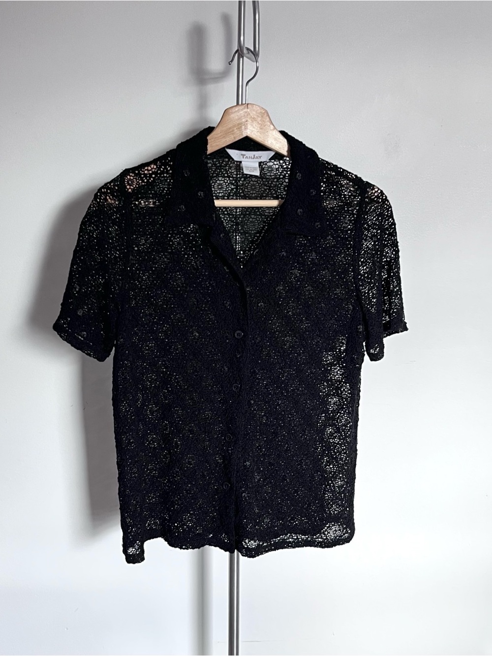 TanJay Black Short-Sleeve Lace Button-Down Shirt